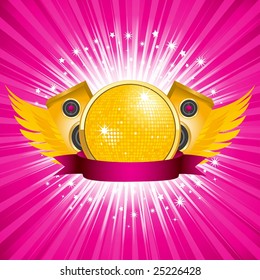 Gold framed orange disco ball and speakers, wings and banner on a pink star burst background