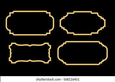 Gold frames. Beautiful simple golden design. Vintage style decorative border, isolated on black background. Deco elegant object. Empty copy space for decoration, photo, banner Vector illustration