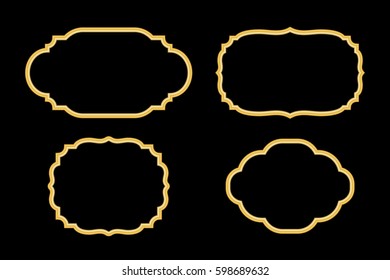 Gold frames. Beautiful simple golden design. Vintage style decorative border, isolated on black background. Deco elegant object. Empty copy space for decoration, photo, banner Vector illustration