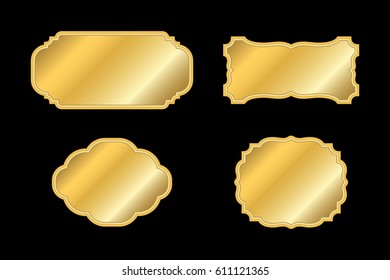 Gold frames. Beautiful simple golden design. Vintage style decorative border, isolated on black background. Deco elegant object. Empty copy space for decoration, photo, banner Vector illustration