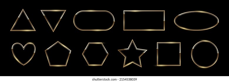 Gold frames of different geometric shapes vector illustration. 3d realistic shiny golden border collection with triangle circle square heart oval star pentagon hexagon isolated on black background