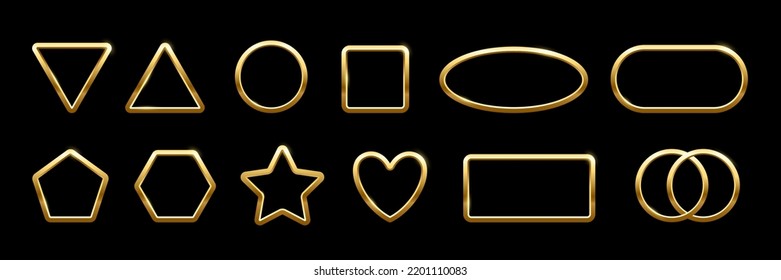 Gold frames of different geometric shapes vector illustration. 3d realistic shiny golden border collection with triangle circle square heart oval star pentagon hexagon isolated on black background