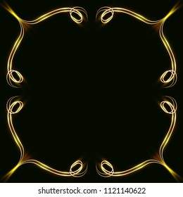 Gold frames with glare and radiance, blank for a card, isolated on black, wedding card,copy space