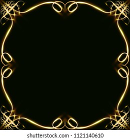 Gold frames with hearts, with glare and radiance, blank for a card, isolated on black, wedding card,copy space