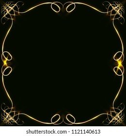 Gold frames with hearts, with glare and radiance, blank for a card, isolated on black, wedding card,copy space