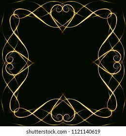 Gold frames with hearts, with glare and radiance, blank for a card, isolated on black, wedding card,copy space