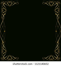 Gold frames with hearts, with glare and radiance, blank for a card, isolated on black, wedding card,copy space