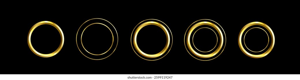 Gold frames, isolated object on black background. Set of golden realistic frames, borders, round. 3D vector image.
