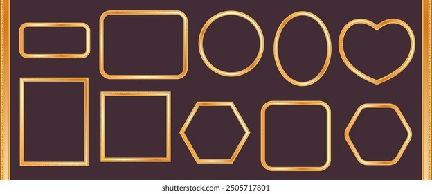 Gold frames for portraits, postcard designs, holiday decorations. Round, rectangular, heart, oval shiny gold color frames isolated from red background. Vector illustration.