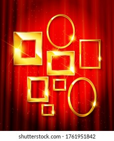 Gold frames with red drapes and dark background. Vector illustration