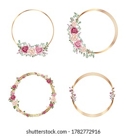 Gold frames set with with flowers. Isolated Gold geometric frame or polyhedron with leaves and rose, art deco style for wedding invitation.