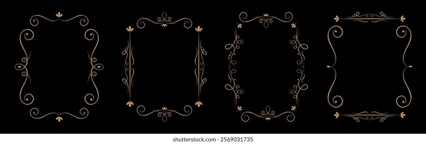 Gold frames set in Vintage style. Isolated antique borders on black background. Vector illustration