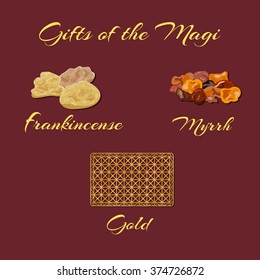 Gold, frankincense and myrrh - Gifts of the Magi. Vector illustration.