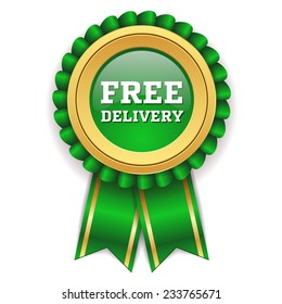 Gold free delivery badge with green ribbon on white background