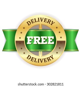 Gold free delivery badge with green ribbon on white background