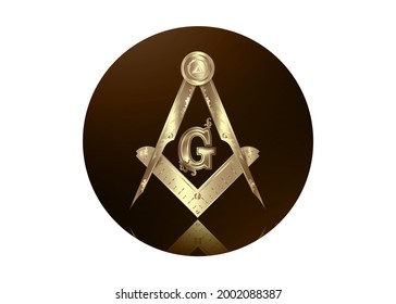 Gold freemasonry emblem - the masonic square and compass symbol. All seeing eye of god in sacred geometry triangle, masonry and illuminati symbol, round logo design element. vector isolated on white