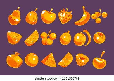 Gold fruit and berries icons for game interface, gambling slot machine in casino. Cherry, blueberry, plum, pear, orange, apple, banana, peach, watermelon. Vector cartoon set of golden food symbols