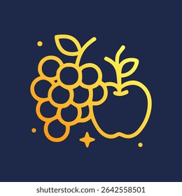Gold fruits gleam grapes apple emblem. Icon symbol illustration