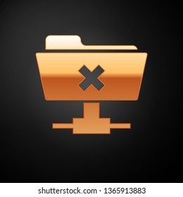 Gold FTP cancel operation icon on black background. Concept of software update, transfer protocol, router, teamwork tool management, copy process. Vector Illustration