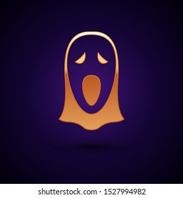 Gold Funny and scary ghost mask for Halloween icon isolated on dark blue background. Happy Halloween party.  Vector Illustration