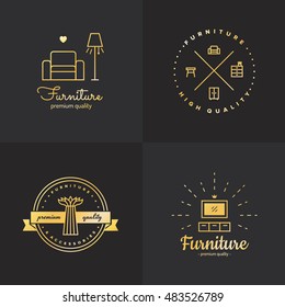 Gold furniture vintage hipster logo vector set on the black background. Part one.