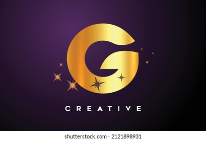 Gold G Letter Logo with Golden Glitter Stars and Gold Foil Texture Icon. Letter G with Golden stars and magical look Vector Illustration.