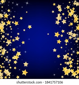 Gold Galaxy Stars Vector Blue Background. Luxury Star Texture. Sparkle Design. Yellow Abstract Shine Border.