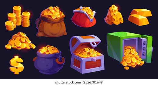 Gold game asset. Golden coins, treasure and nuggets. Cartoon vector gold my and wealth in stacks, pile, bag, purse, bars, cauldron, treasure chest, safe with coins spilling out, and a dollar sign