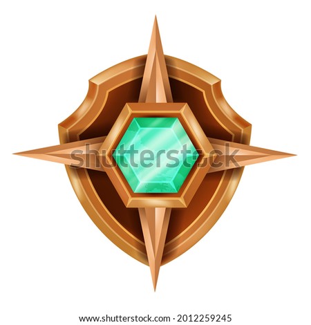 Gold game badge icon, vector rank award medal, UI winner trophy achievement design on white. Rank champion congratulation reward, bronze star, green emerald gemstone. Level up royal game badge