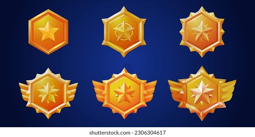 Gold game badge rank medal ui icon vector set. Isolated level trophy cartoon insignia military achievement award. Hexagon label with wings button design for 1st winner prize interface collection.