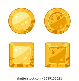 Gold game buttons. Cartoon gravel rock plates, gambling buttons, golden rock stones signs flat vector illustration set. Stone buttons on white