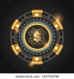 Gold game chip with ornament for casino