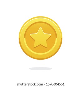 Gold game coin. Coin icon. Gold medal. Coin with the star. Graphic user interface design element. Gold star. Game purchases. Game currency. Game coin. Money symbol. Bank payment symbol. Cash. 