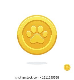 Gold game coin. Coin icon. Gold medal. Coin with the paw. User interface. Gold paw. Paw print. Imprint animal paw. Animal competition. Reward. Imprint animal. Achievement badge. Footprint. 