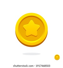 Gold game coin. Coin icon. Gold medal. Coin with the star. Graphic user interface design element. Gold star. Game coin. Money symbol. Game elements. Bank payment symbol. Game purchases. Financial. 