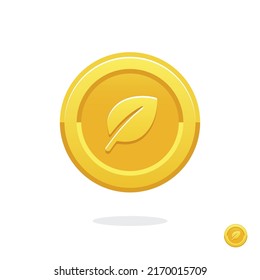Gold game coin. Gold coin with leaf. Coin icon. Money symbol. Treasure sign. Golden leaf. Symbol of luck. Cash money. Graphic user interface design element. Game purchases. Financial. Game elements.