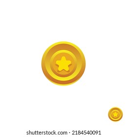 Gold game coin, Gold medal, Coin icon, Gold Coin with the star. Graphic user illustration design element. Gold star.  Money symbol. Game elements. Game purchases. Financial.