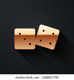 Gold Game dice icon isolated on black background. Casino gambling. Long shadow style. Vector Illustration