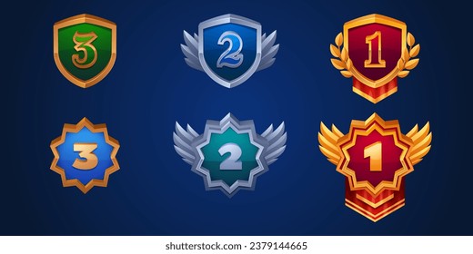 Gold game level badge ui icon for rank medal award. 3d shield button for winner. Victory rating design. Red medieval rpg app metal win interface with golden border, wings and branch illustration.