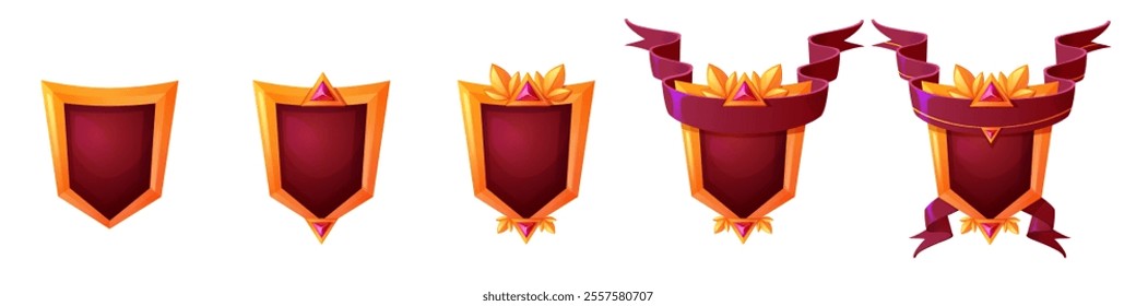 Gold game rank icon for level medal vector set. Achievement shield badge for insignia trophy and award in fantasy rpg play. Winner reward button with red magic gem. Medieval banner progress kit