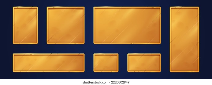 Señales de juego de oro, placas con nombres, placas doradas vacías se burlan. Etiquetas o insignias brillantes metálicas, placas de nombres cuadradas y rectangulares, menú de gamer ui o elementos gráficos de aplicación, conjunto de vectores 3d aislado y realista