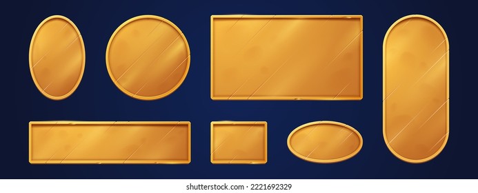 Gold game signs, name plates, empty golden plaques mockup. Metal shiny tags or badges, round, oval and rectangular nameplates, gamer ui menu or app graphic elements, isolated realistic 3d vector set svg