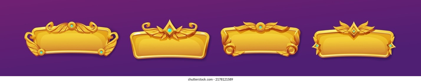 Gold game ui frames, medieval menu elements, buttons or banners with golden ornament. Empty royal gui bars for rpg or arcade, glossy borders, web design interface bars, Cartoon 3d vector illustration svg