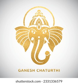Gold Ganesh head vector silhouette illustration, golden foil Ganesh Chaturthi greeting card template, poster. Hindu God Ganpati modern style simple flat, line art. Graphic design element.