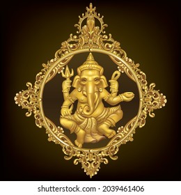 Gold Ganesha and gold mandala on black background. Card template design. Vector illustration.