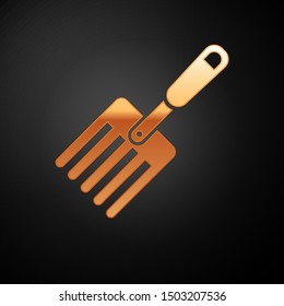 Gold Garden fork icon isolated on black background. Pitchfork icon. Tool for horticulture, agriculture, farming.  Vector Illustration