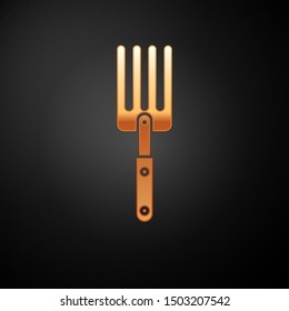 Gold Garden fork icon isolated on black background. Pitchfork icon. Tool for horticulture, agriculture, farming.  Vector Illustration