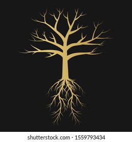 Gold garden leafless tree with roots and branches silhouette. Vector isolated Illustration.
