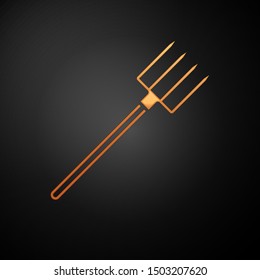 Gold Garden pitchfork icon isolated on black background. Garden fork sign. Tool for horticulture, agriculture, farming.  Vector Illustration