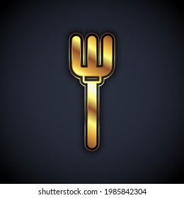 Gold Garden pitchfork icon isolated on black background. Garden fork sign. Tool for horticulture, agriculture, farming.  Vector